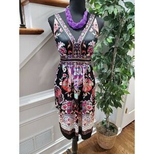 Ile Women's Multicolor Floral Polyester V-Neck Sleeveless Knee Length Dress 10P